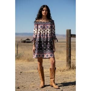 Vince Camuto Off Shoulder Boho Dress Sleeve Tie Detail Size 10 Casual Festival